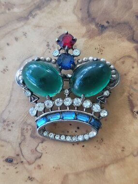 Retro Jelly Belly, Rhinestone & Sterling Crown Brooch